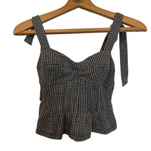 Free People Houndstooth Cropped Tank Top Black White Tie Straps Zip XS